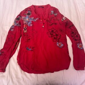Desigual Red Y2K Graphic Floral Blouse